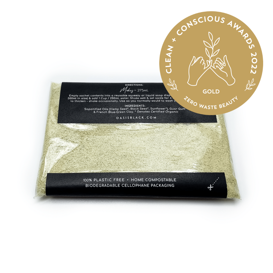 Organic & All Natural Face & Body Cleanser Featuring Black Seed Oil – Hemp Powder to Liquid Cleanser Concentrate – Full Size Back - Zero Waste, Plastic Free, Home Compostable Packaging, Vegan Friendly, Waterless, Unisex, Travel Friendly - Oasis Black – Organic Botanical Skincare Born in Morocco, Made in Byron Bay - Zero Waste Beauty GOLD WINNER Clean + Conscious Awards 2022
