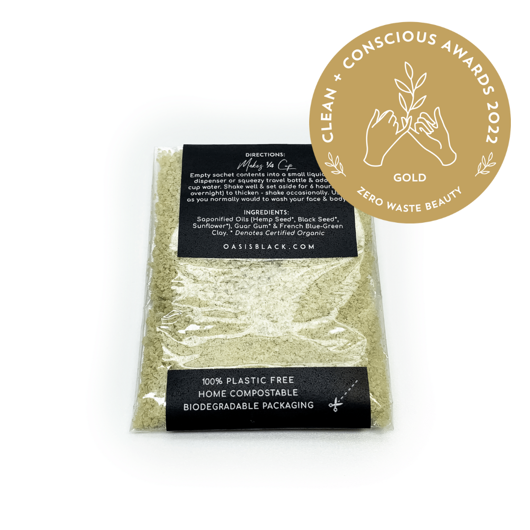 Organic & All Natural Face & Body Cleanser Featuring Black Seed Oil – Hemp Powder to Liquid Cleanser Concentrate – Sample Size Back - Zero Waste, Plastic Free, Home Compostable Packaging, Vegan Friendly, Waterless, Unisex, Travel Friendly - Oasis Black – Organic Botanical Skincare Born in Morocco, Made in Byron Bay - Zero Waste Beauty GOLD WINNER Clean + Conscious Awards 2022