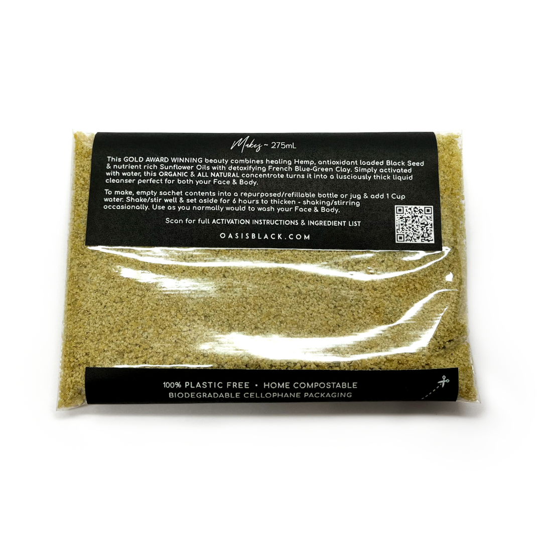 Organic & All Natural Face & Body Cleanser Featuring Black Seed Oil – Hemp Powder to Liquid Cleanser Concentrate – Full Size Back - Zero Waste, Plastic Free, Home Compostable Packaging, Vegan Friendly, Waterless, Unisex, Travel Friendly - Oasis Black – Organic Botanical Skincare Born in Morocco, Made in Byron Bay - Zero Waste Beauty GOLD WINNER Clean + Conscious Awards 2022