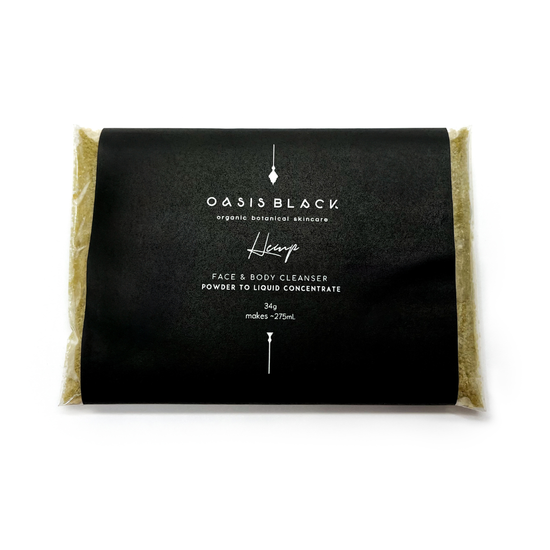 Organic & All Natural Face & Body Cleanser Featuring Black Seed Oil – Hemp Powder to Liquid Cleanser Concentrate – Full Size Front - Zero Waste, Plastic Free, Home Compostable Packaging, Vegan Friendly, Waterless, Unisex, Travel Friendly - Oasis Black – Organic Botanical Skincare Born in Morocco, Made in Byron Bay - Zero Waste Beauty GOLD WINNER Clean + Conscious Awards 2022