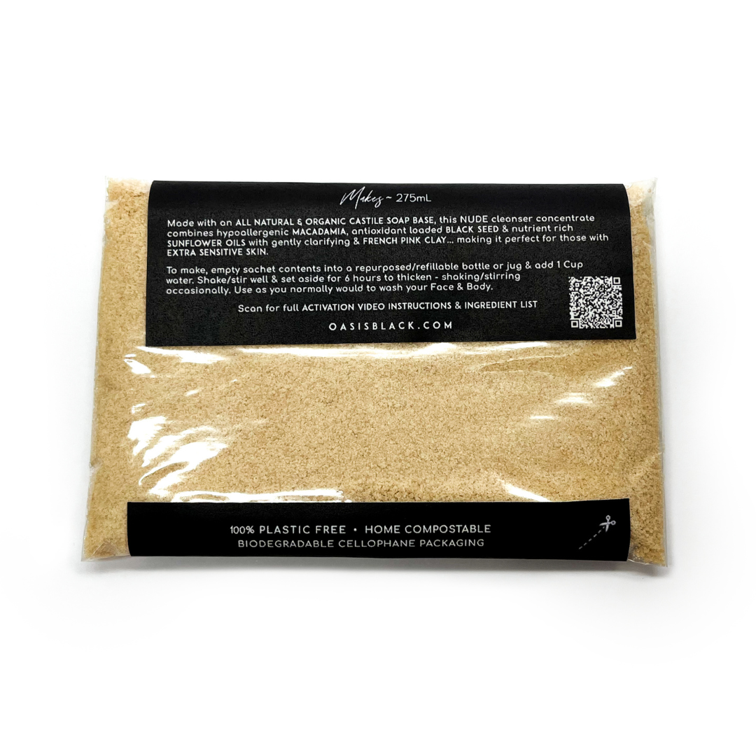 Organic & All Natural Face & Body Cleanser Featuring Black Seed Oil – Nude Powder to Liquid Cleanser Concentrate – Full Size Back - Multipurpose Cleanser, Zero Waste, Plastic Free, Home Compostable Packaging, Vegan Friendly, Waterless, Unisex, Travel Friendly - Oasis Black – Organic Botanical Skincare Born in Morocco, Made in Byron Bay