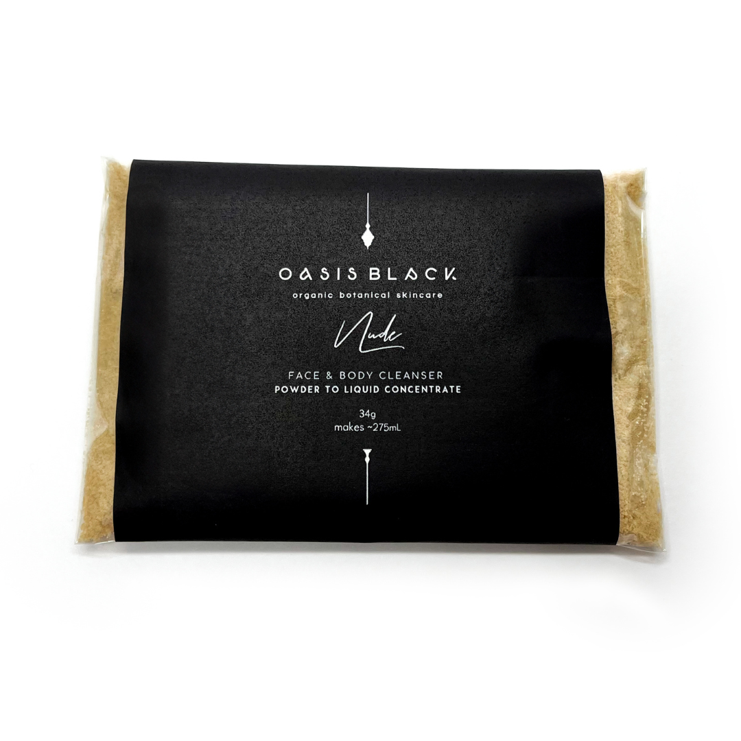 Organic & All Natural Face & Body Cleanser Featuring Black Seed Oil – Nude Powder to Liquid Cleanser Concentrate – Full Size Front - Multipurpose Cleanser, Zero Waste, Plastic Free, Home Compostable Packaging, Vegan Friendly, Waterless, Unisex, Travel Friendly - Oasis Black – Organic Botanical Skincare Born in Morocco, Made in Byron Bay