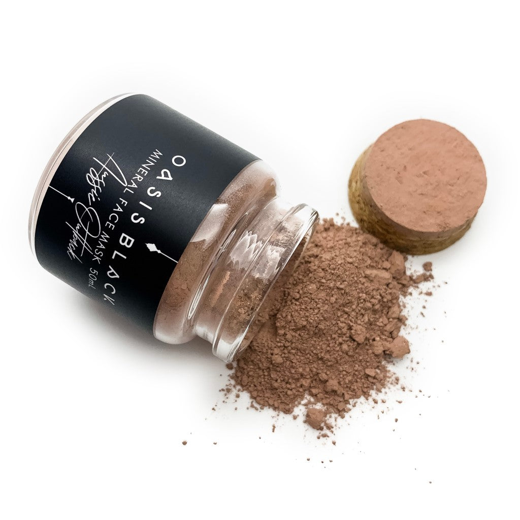 Organic & All Natural Powdered Mud Masks featuring Black Seeds – Aussie Outback Mineral Clay Face Mask – 50ml Jar Spilt Open - Earth Conscious Packaging, Vegan Friendly, Waterless Skincare, Unisex, Travel Friendly - Oasis Black – Organic Botanical Skincare Born in Morocco, Made in Byron Bay