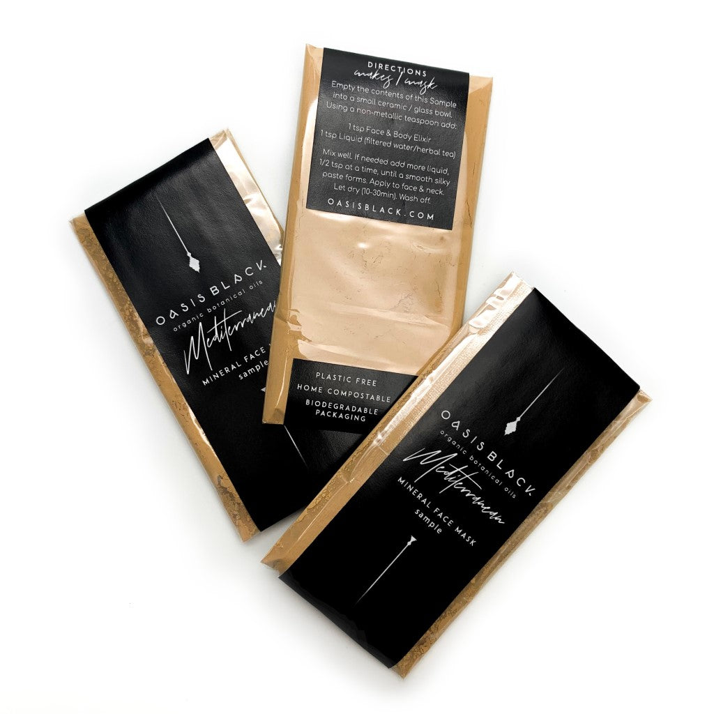 Organic & All Natural Powdered Mud Masks featuring Black Seeds – Mediterranean Mineral Clay Face Mask – 3 x Sample Sizes - Zero Waste, Plastic Free, Home Compostable Packaging, Vegan Friendly, Waterless Skincare, Unisex, Travel Friendly - Oasis Black – Organic Botanical Skincare Born in Morocco, Made in Byron Bay