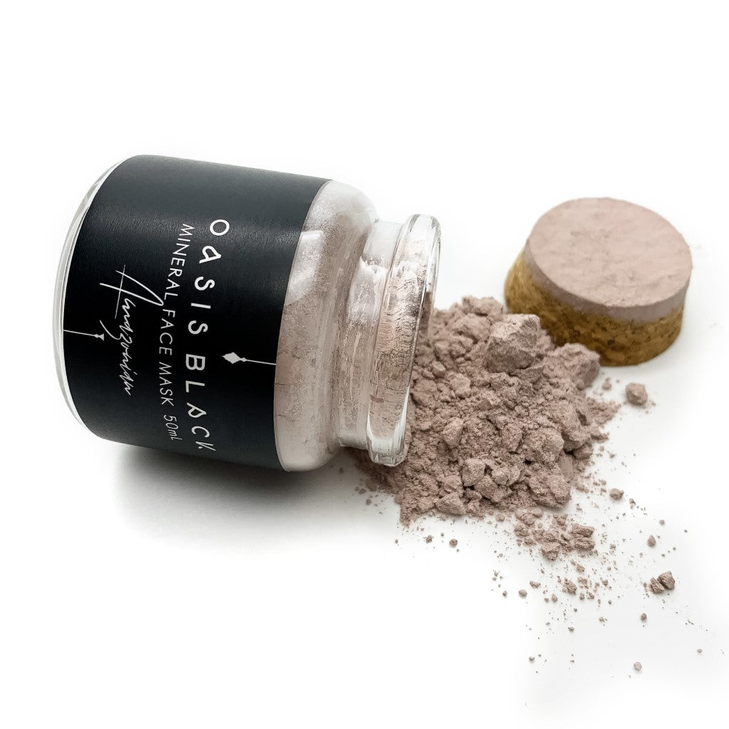 Organic & All Natural Powdered Mud Masks featuring Black Seeds – Amazonian Mineral Clay Face Mask – 50ml Jar Spilt Open - Earth Conscious Packaging, Vegan Friendly, Waterless Skincare, Unisex, Travel Friendly - Oasis Black – Organic Botanical Skincare Born in Morocco, Made in Byron Bay