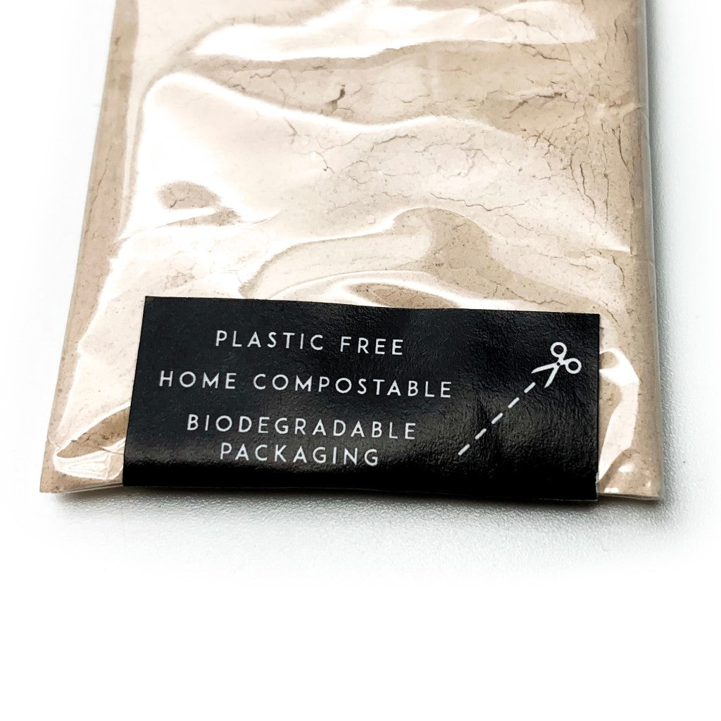 Organic & All Natural Powdered Mud Masks featuring Black Seeds – Nude Mineral Clay Face Mask – Sample Size, Back - Zero Waste, Plastic Free, Home Compostable Packaging, Vegan Friendly, Waterless Skincare, Unisex, Travel Friendly - Oasis Black – Organic Botanical Skincare Born in Morocco, Made in Byron Bay