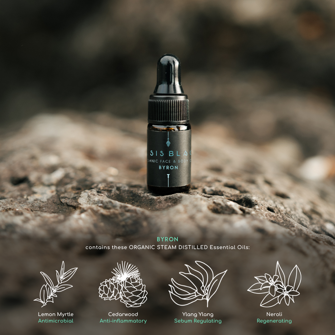100% Organic and All Natural Face & Body Oil Featuring Black Seed Oil – BYRON – Scent inspired by Byron Bay packaged in 3ml Amber Glass Dropper Bottle pictured resting on a rock - Non Greasy, Multi-Purpose, Fast Absorbing, Vegan Friendly, Nutrient Dense, Eco-friendly, Sustainable, Waterless and Unisex Skincare Oils made by Oasis Black – Organic Botanical Skincare - Born in Morocco, Made in small handmade batches in the Byron Bay region