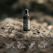 100% Organic and All Natural Face & Body Oil Featuring Black Seed Oil – MOROCCAN – Scent inspired by Morocco packaged in 3ml Amber Glass Dropper Bottle pictured resting on a rock - Non Greasy, Multi-Purpose, Fast Absorbing, Vegan Friendly, Nutrient Dense, Eco-friendly, Sustainable, Waterless and Unisex Skincare Oils made by Oasis Black – Organic Botanical Skincare - Born in Morocco, Made in small handmade batches in the Byron Bay region
