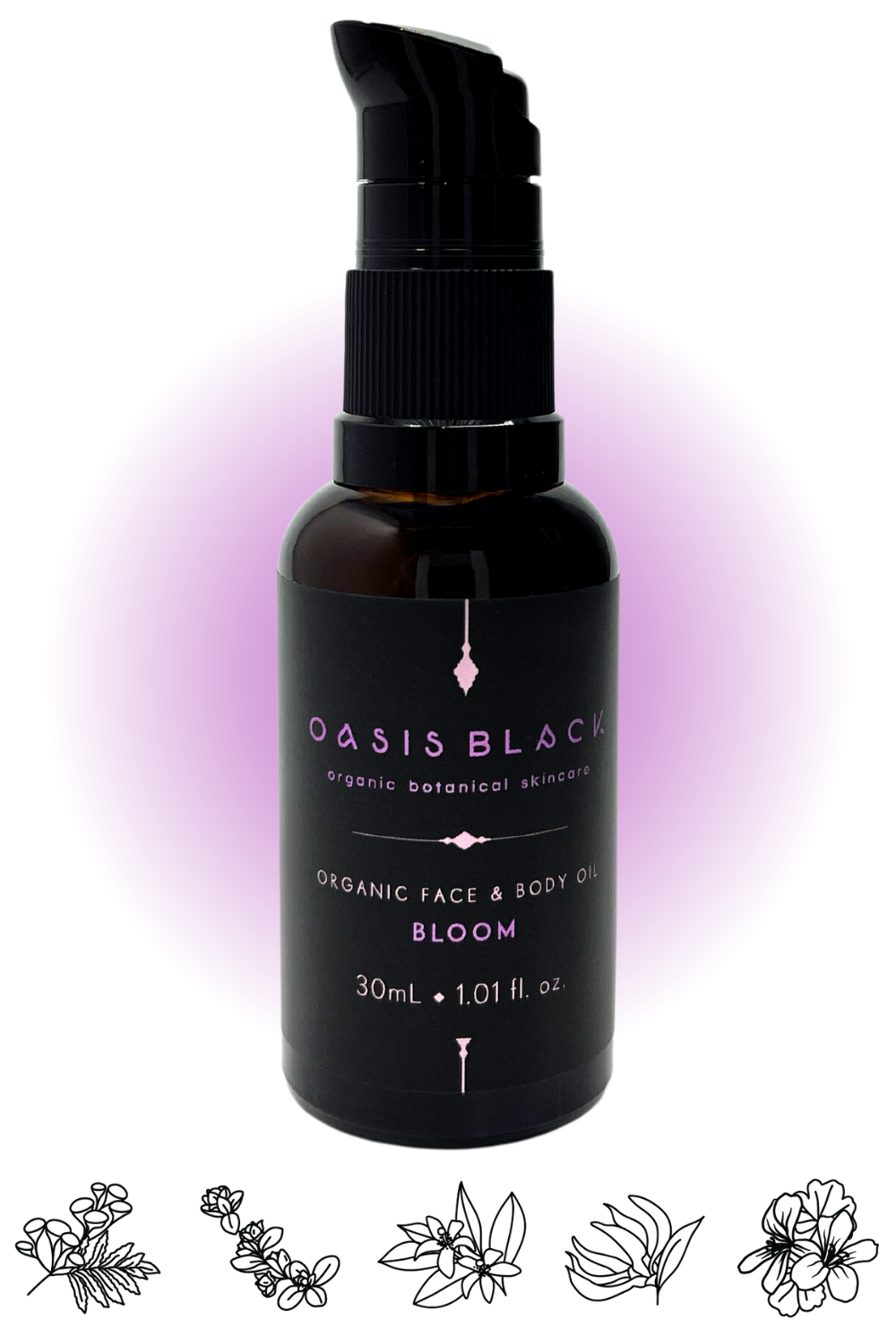 100% Organic and All Natural Face & Body Oil Featuring Black Seed Oil – BLOOM – Scent of Spring Blossoms with Blue Tansy, Sweet Marjoram, Neroli, Ylang Ylang and Geranium packaged in 30ml Amber Glass Bottle - Non Greasy, Multi-Purpose, Fast Absorbing, Vegan Friendly, Nutrient Dense, Eco-friendly, Sustainable, Waterless and Unisex Skincare Oils made by Oasis Black – Organic Botanical Skincare - Born in Morocco, Made in small handmade batches in the Byron Bay region