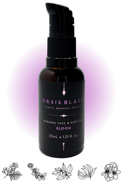 100% Organic and All Natural Face & Body Oil Featuring Black Seed Oil – BLOOM – Scent of Spring Blossoms with Blue Tansy, Sweet Marjoram, Neroli, Ylang Ylang and Geranium packaged in 30ml Amber Glass Bottle - Non Greasy, Multi-Purpose, Fast Absorbing, Vegan Friendly, Nutrient Dense, Eco-friendly, Sustainable, Waterless and Unisex Skincare Oils made by Oasis Black – Organic Botanical Skincare - Born in Morocco, Made in small handmade batches in the Byron Bay region