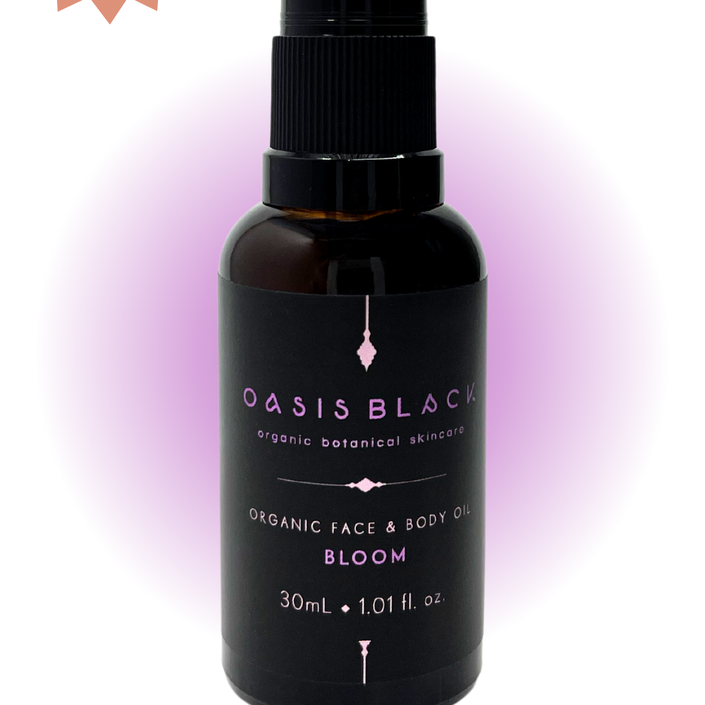 100% Organic and All Natural Face & Body Oil Featuring Black Seed Oil – BLOOM – Scent of Spring Blossoms with Blue Tansy, Sweet Marjoram, Neroli, Ylang Ylang and Geranium packaged in 30ml Amber Glass Bottle - Non Greasy, Multi-Purpose, Fast Absorbing, Vegan Friendly, Nutrient Dense, Eco-friendly, Sustainable, Waterless and Unisex Skincare Oils made by Oasis Black – Organic Botanical Skincare - Born in Morocco, Made in small handmade batches in the Byron Bay region
