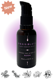 100% Organic and All Natural Face & Body Oil Featuring Black Seed Oil – BLOOM – Scent of Spring Blossoms with Blue Tansy, Sweet Marjoram, Neroli, Ylang Ylang and Geranium packaged in 30ml Amber Glass Bottle - Non Greasy, Multi-Purpose, Fast Absorbing, Vegan Friendly, Nutrient Dense, Eco-friendly, Sustainable, Waterless and Unisex Skincare Oils made by Oasis Black – Organic Botanical Skincare - Born in Morocco, Made in small handmade batches in the Byron Bay region