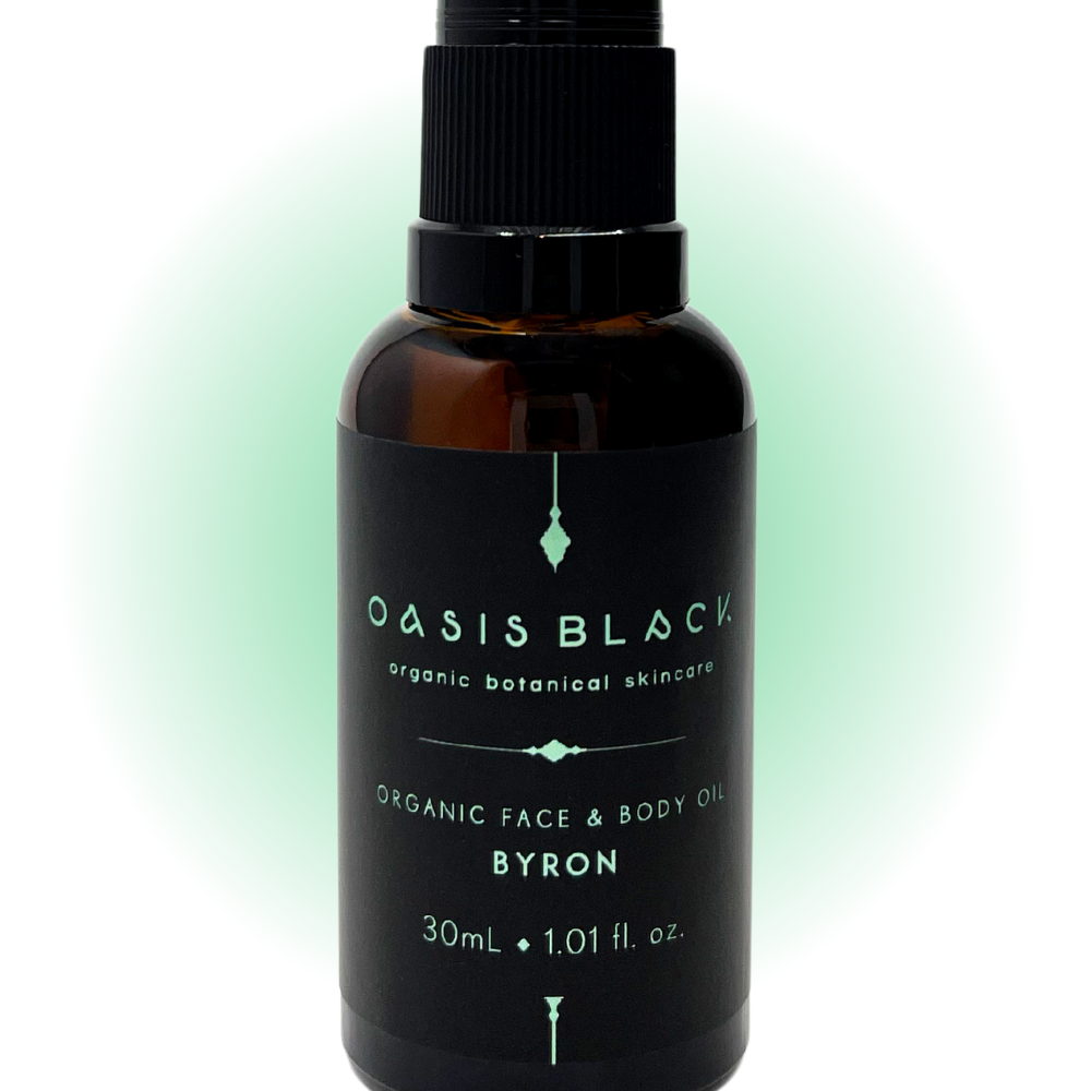 100% Organic and All Natural Face & Body Oil Featuring Black Seed Oil – BYRON – Scent inspired by Byron Bay with Lemon Myrtle, Neroli, Ylang Ylang and Cedarwood packaged in 30ml Amber Glass Bottle - Non Greasy, Multi-Purpose, Fast Absorbing, Vegan Friendly, Nutrient Dense, Eco-friendly, Sustainable, Waterless and Unisex Skincare Oils made by Oasis Black – Organic Botanical Skincare - Born in Morocco, Made in small handmade batches in the Byron Bay region
