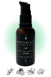 100% Organic and All Natural Face & Body Oil Featuring Black Seed Oil – BYRON – Scent inspired by Byron Bay with Lemon Myrtle, Neroli, Ylang Ylang and Cedarwood packaged in 30ml Amber Glass Bottle - Non Greasy, Multi-Purpose, Fast Absorbing, Vegan Friendly, Nutrient Dense, Eco-friendly, Sustainable, Waterless and Unisex Skincare Oils made by Oasis Black – Organic Botanical Skincare - Born in Morocco, Made in small handmade batches in the Byron Bay region