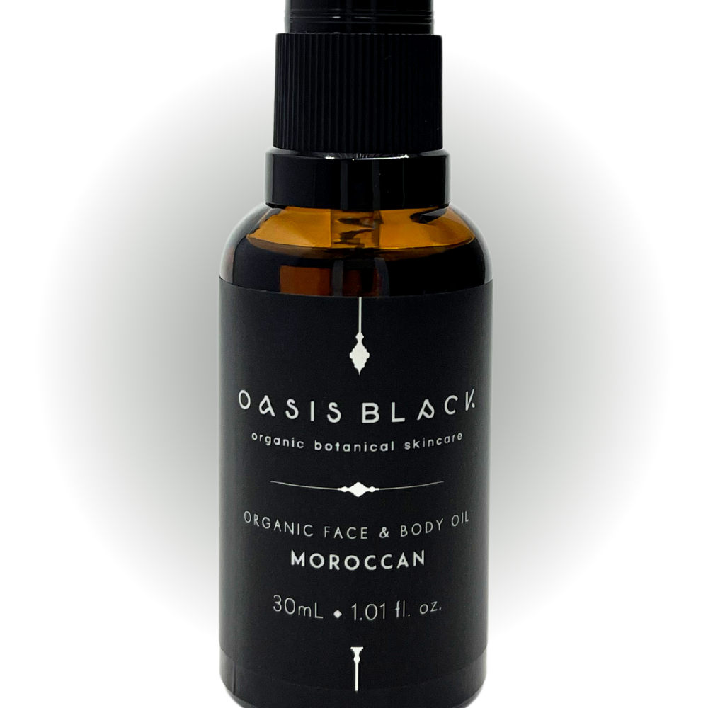 100% Organic and All Natural Face & Body Oil Featuring Black Seed Oil – MOROCCAN – Scent inspired by Morocco with Frankincense, Carrot Seed, Lavender and Ylang Ylang packaged in 30ml Amber Glass Bottle - Non Greasy, Multi-Purpose, Fast Absorbing, Vegan Friendly, Nutrient Dense, Eco-friendly, Sustainable, Waterless and Unisex Skincare Oils made by Oasis Black – Organic Botanical Skincare - Born in Morocco, Made in small handmade batches in the Byron Bay region