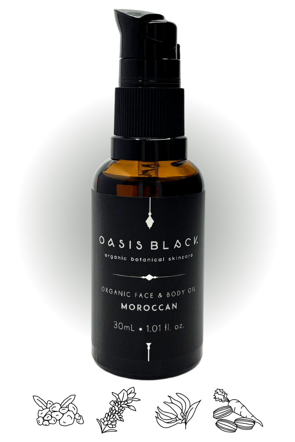 100% Organic and All Natural Face & Body Oil Featuring Black Seed Oil – MOROCCAN – Scent inspired by Morocco with Frankincense, Carrot Seed, Lavender and Ylang Ylang packaged in 30ml Amber Glass Bottle - Non Greasy, Multi-Purpose, Fast Absorbing, Vegan Friendly, Nutrient Dense, Eco-friendly, Sustainable, Waterless and Unisex Skincare Oils made by Oasis Black – Organic Botanical Skincare - Born in Morocco, Made in small handmade batches in the Byron Bay region