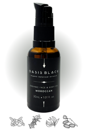 100% Organic and All Natural Face & Body Oil Featuring Black Seed Oil – MOROCCAN – Scent inspired by Morocco with Frankincense, Carrot Seed, Lavender and Ylang Ylang packaged in 30ml Amber Glass Bottle - Non Greasy, Multi-Purpose, Fast Absorbing, Vegan Friendly, Nutrient Dense, Eco-friendly, Sustainable, Waterless and Unisex Skincare Oils made by Oasis Black – Organic Botanical Skincare - Born in Morocco, Made in small handmade batches in the Byron Bay region